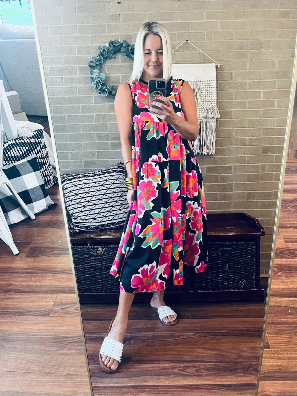 Umgee Black Midi Dress with Pink, Green & Orange Floral Print
